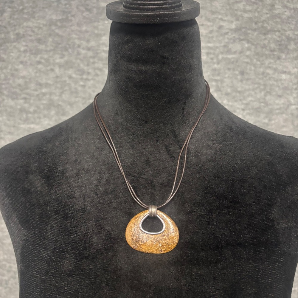 Stone Pendant Necklace Womens OS Brown Silver Bohemian Cord